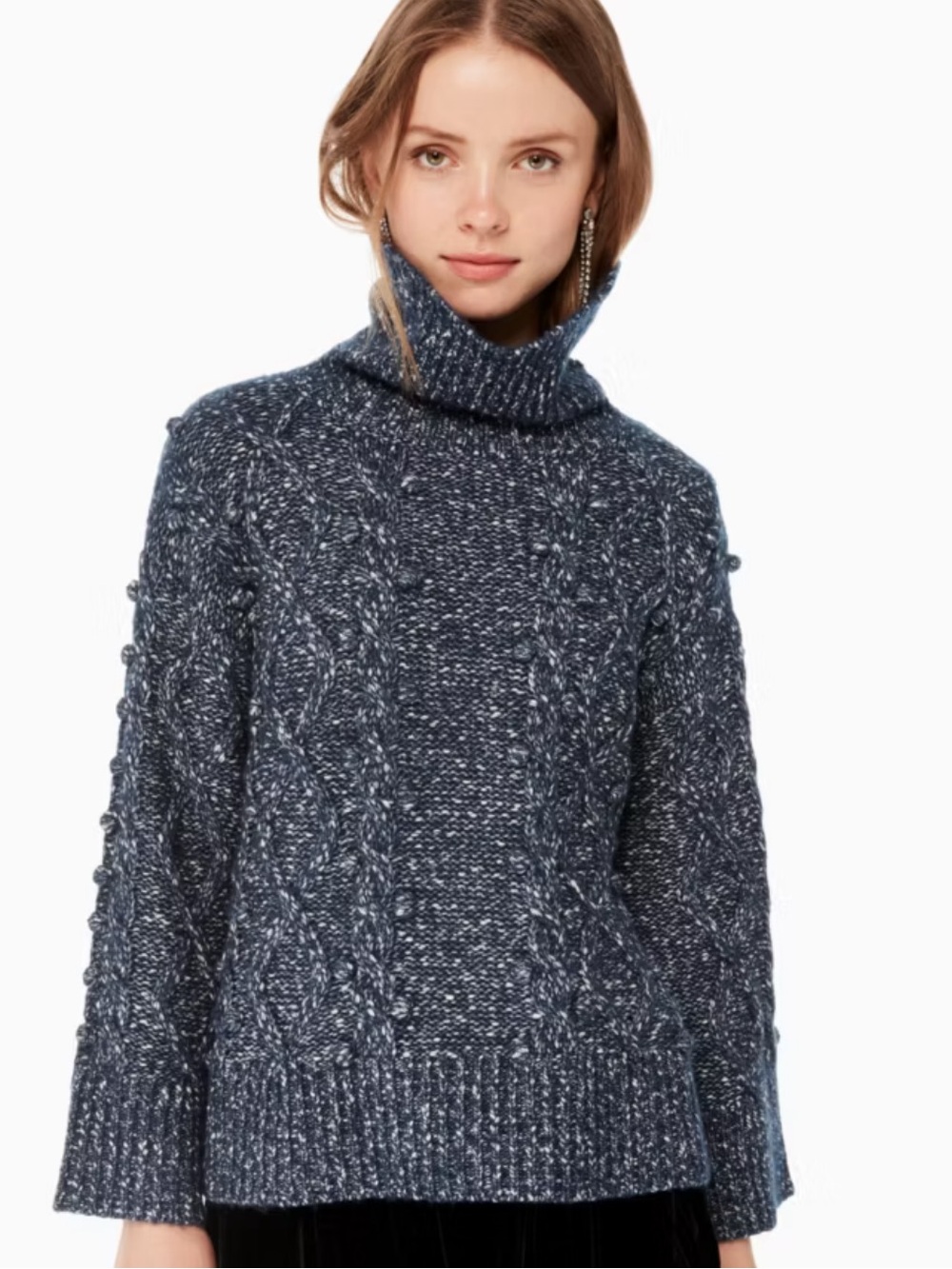 kate spade Cable-Knit Turtleneck XS Pom pom detail marled white Navy sweater